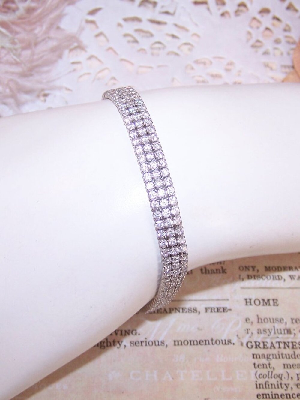 Sterling Silver Cubic Zirconia CZ 7.25" Long Triple Row Line / Tennis Bracelet